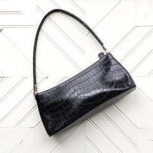 Black Croc Embossed Vegan Baguette Retro Shoulder Bag